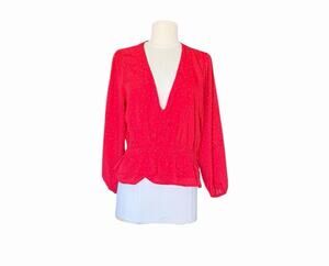 McGuire Red White Polka Dot Peplum Blouse V Neck Long Sleeve Women’s Large
